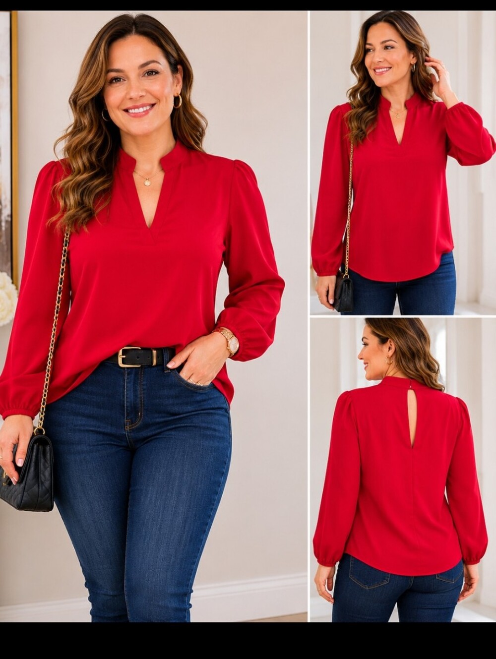 Everly Red Red Mock Neck Keyhole Blouse Long Sleeve Career Top Women's Sz Sm